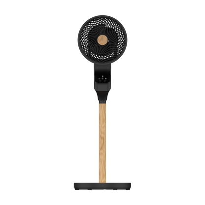 `alt=Ventilador de Pie Bizancio Negro/Haya 50W de Abrila con mando remoto y temporizador, oscilante y diseño en metal y policarbonato`