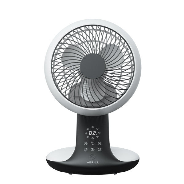 Ventilador sobremesa Miera de Abrila en blanco y negro, 20W con motor DC eco eficiente, oscilación 3D para interiores domésticos, control remoto y temporizador integrado.