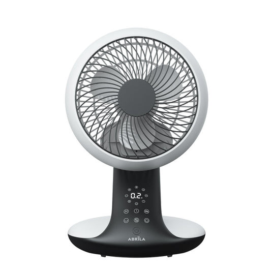 Ventilador sobremesa Miera de Abrila en blanco y negro, 20W con motor DC eco eficiente, oscilación 3D para interiores domésticos, control remoto y temporizador integrado.