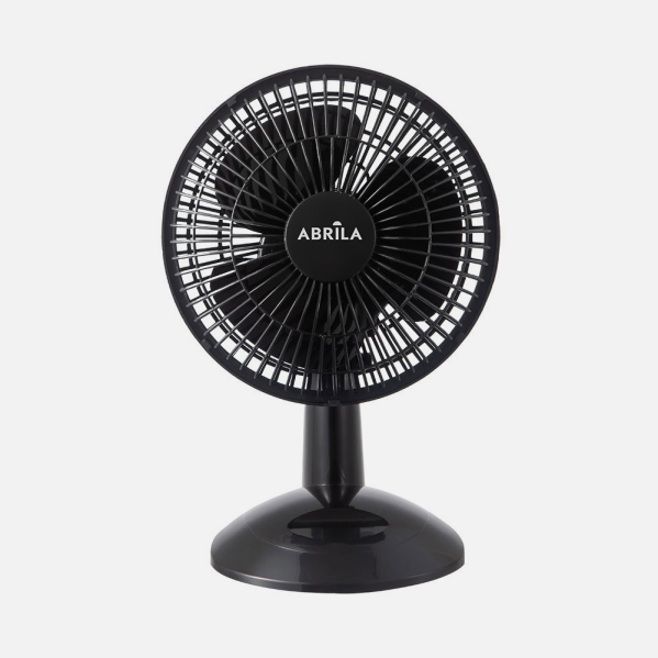 Compact desk fan Pizarro Mini in black, 20W power, from Abrila brand (model 238071009), featuring metal and polycarbonate construction for indoor home use, portable and efficient cooling device.