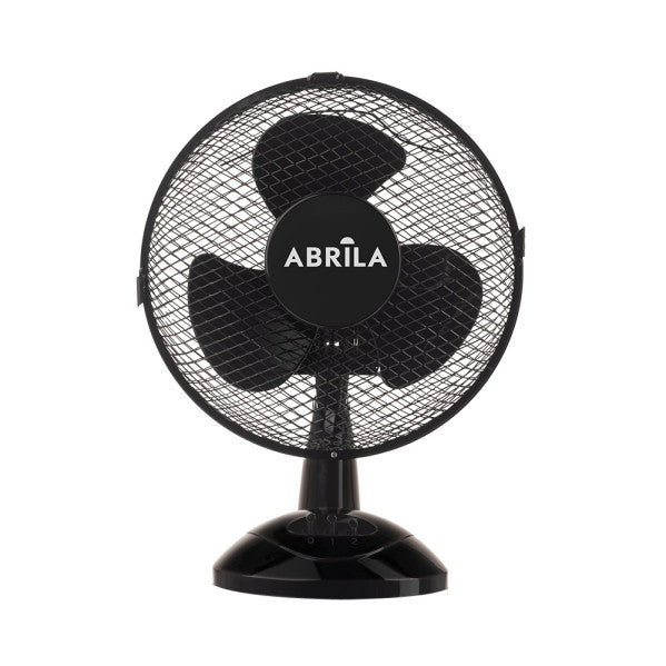 Ventilador sobremesa Pizarro pequeño negro de 25W por Abrila, modelo 238071109, con aspas orientables de metal y policarbonato para uso doméstico interior.