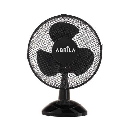 Ventilador sobremesa Pizarro pequeño negro de 25W por Abrila, modelo 238071109, con aspas orientables de metal y policarbonato para uso doméstico interior.