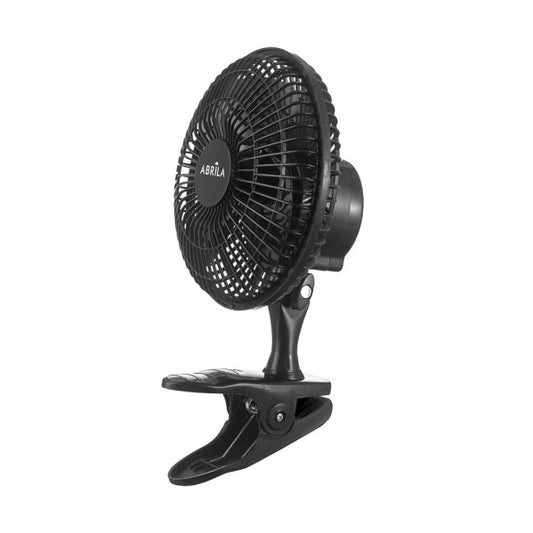 Ventilador Nervion con pinza negro de 20W por Abrila, modelo 238171009, con 2 velocidades, diseño en metal y policarbonato para uso doméstico interior, ideal para pared o sobremesa.