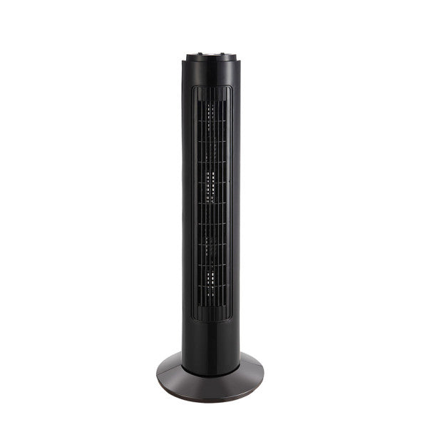 Ventilador de torre Cuco negro con 3 velocidades, temporizador y diseño en metal y policarbonato de Abrila, ideal para interiores domésticos, modelo 238371009.