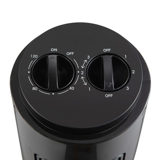 Ventilador de torre Cuco negro de Abrila con 3 velocidades, temporizador y diseño en metal y policarbonato para uso doméstico en interiores