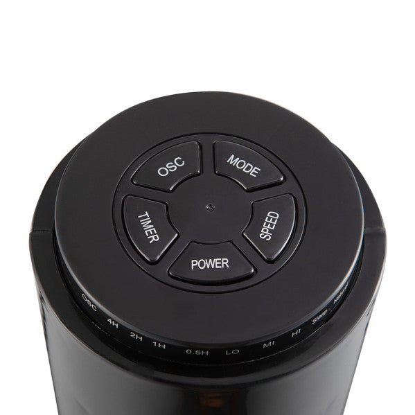 Ventilador de torre Picaro negro de Abrila, modelo 238471009 con 50W de potencia, diseño en metal y policarbonato para uso doméstico interior, incluye mando a distancia y temporizador.