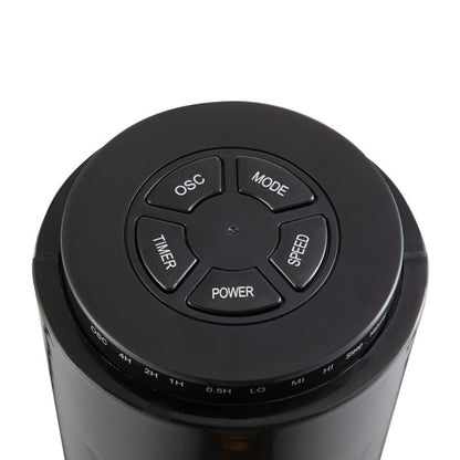 Ventilador de torre Picaro negro de Abrila, modelo 238471009 con 50W de potencia, diseño en metal y policarbonato para uso doméstico interior, incluye mando a distancia y temporizador.