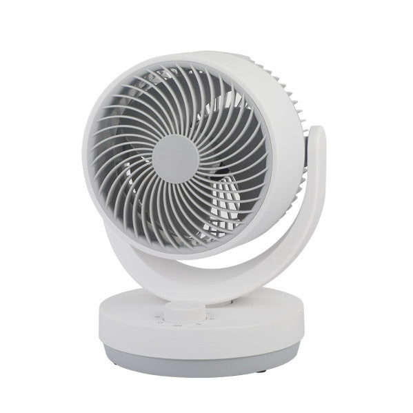 Ventilador sobremesa Lagos de Abrila en blanco y gris con 3 velocidades, modelo 238571028 ideal para uso doméstico interior, fabricado en metal y policarbonato.