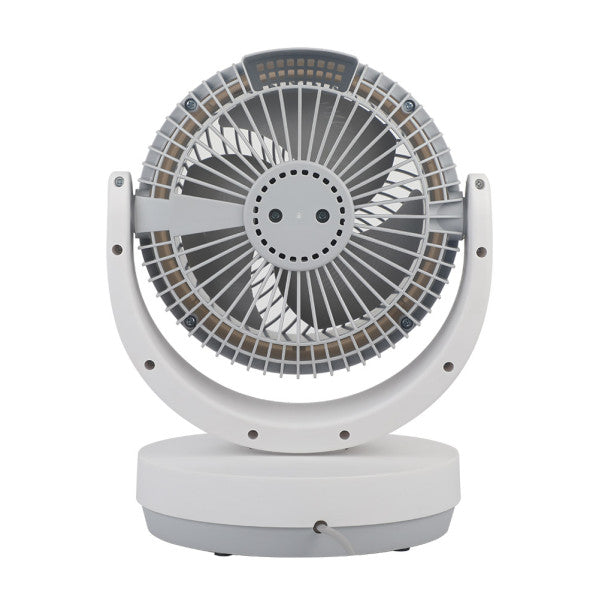 Ventilador de sobremesa Lagos en blanco y gris con 3 velocidades, modelo Abrila 238571028, diseño doméstico en metal y policarbonato para interiores, ventilación eficiente y silenciosa.