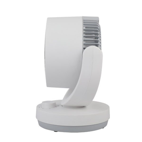 Ventilador sobremesa Lagos blanco y gris de Abrila, modelo 238571028 con 3 velocidades, diseño en metal y policarbonato para uso doméstico e interior, ideal para refrescar el hogar.