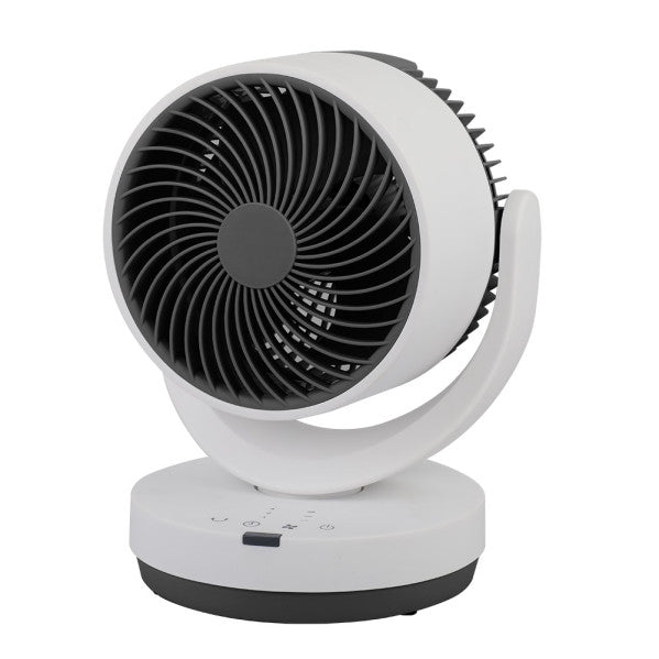 Ventilador sobremesa Loira de Abrila en blanco y negro, 35W, con mando a distancia, temporizador y diseño en metal y policarbonato para uso doméstico interior.