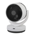 Ventilador sobremesa Loira de Abrila en blanco y negro, 35W, con mando a distancia, temporizador y diseño en metal y policarbonato para uso doméstico interior.