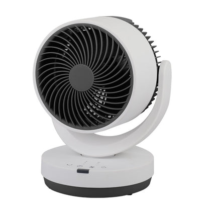 Ventilador sobremesa Loira de Abrila en blanco y negro, 35W, con mando a distancia, temporizador y diseño en metal y policarbonato para uso doméstico interior.