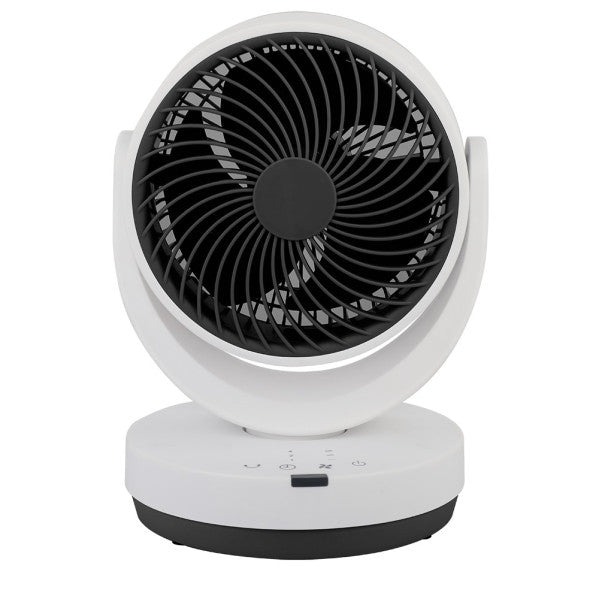 Ventilador sobremesa Loira de Abrila en blanco y negro, 35W, con mando a distancia, temporizador y diseño en metal y policarbonato para uso doméstico interior.