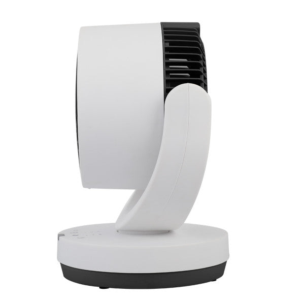 Ventilador de sobremesa Loira Abrila en blanco y negro, 35W, diseño moderno en metal y policarbonato con mando a distancia, temporizador y uso doméstico para interiores.