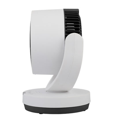 Ventilador de sobremesa Loira Abrila en blanco y negro, 35W, diseño moderno en metal y policarbonato con mando a distancia, temporizador y uso doméstico para interiores.