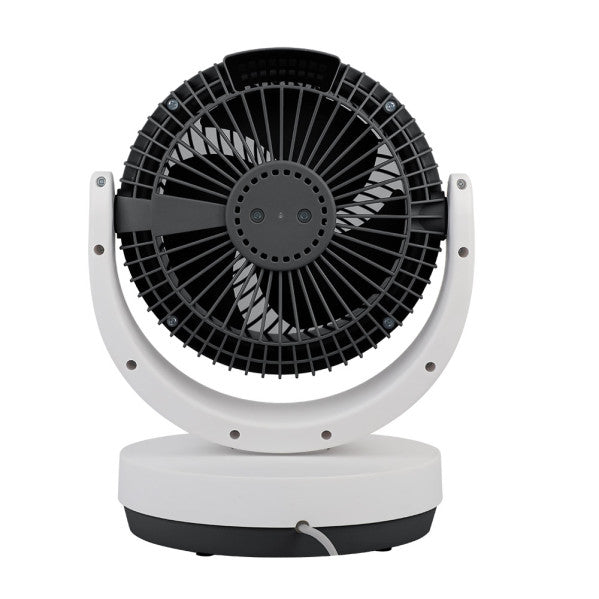 Ventilador sobremesa Loira de Abrila en blanco y negro, 35W, con mando a distancia, temporizador y diseño en metal y policarbonato para uso doméstico interior.