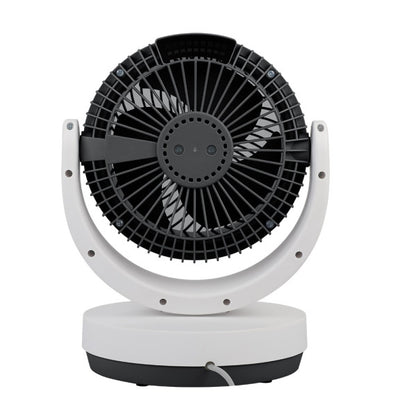 Ventilador sobremesa Loira de Abrila en blanco y negro, 35W, con mando a distancia, temporizador y diseño en metal y policarbonato para uso doméstico interior.