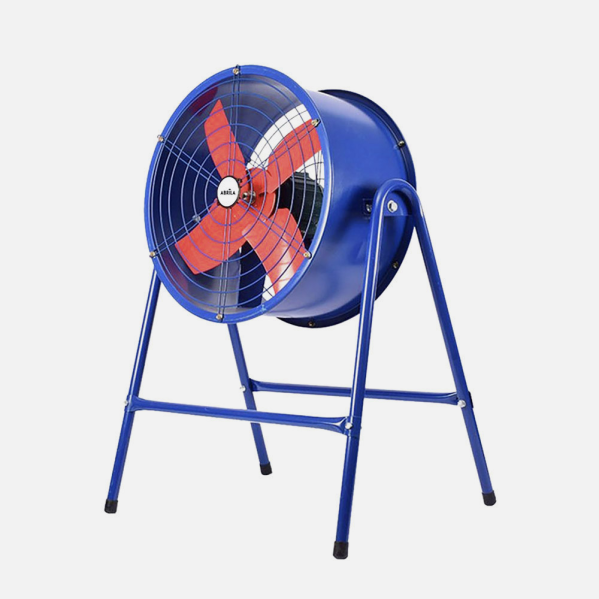 Ventilador industrial Torrente de Abrila modelo AI2, 550W de potencia con 1 velocidad, diseño azul y rojo en metal resistente para uso doméstico e interior, flujo de aire potente y motor AC eficiente.