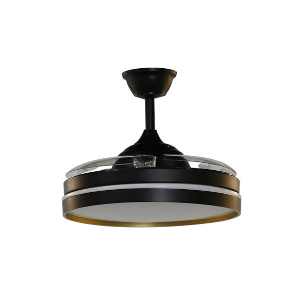 Ventilador de techo Mandarin negro y oro de 72W con aspas retráctiles, iluminación LED integrada regulable y motor DC eficiente para ventilación en verano e invierno, modelo Abrila 239591316 ideal para interior doméstico.