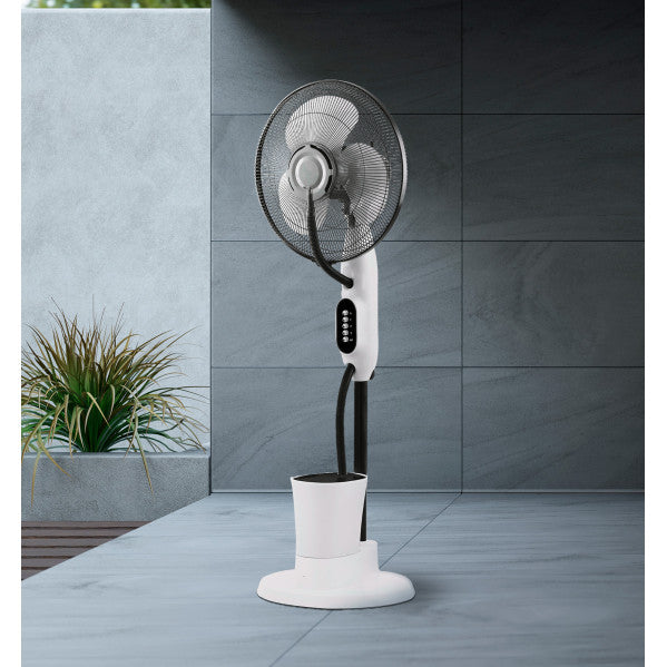 Ventilador humidificador de pie Iceberg blanco y negro de Abrila, modelo 80W con nebulizador, ideal para climatizar interiores, terrazas y verano en entornos domésticos. Fabricado en metal y policarbonato, referencia 239641026.
