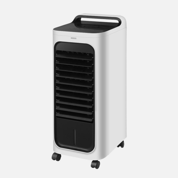 Climatizador evaporativo Remolino blanco y negro de Abrila con capacidad de 6 litros, modelo 240341026, ventilador oscilante y humidificador doméstico para interiores con nebulizadores y 80W de potencia.