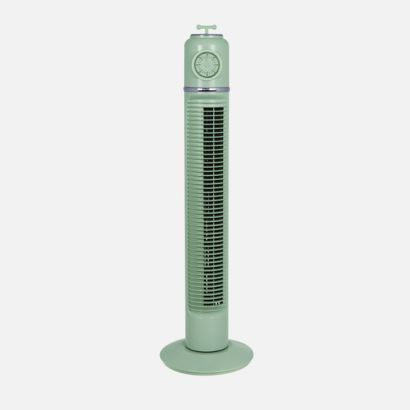Ventilador torre Huracán verde de Abrila, modelo 240771006 con 45W de potencia, función rotatoria, temporizador y diseño compacto para uso doméstico e interior, ideal para refrescar espacios con aire fresco y eficiente.