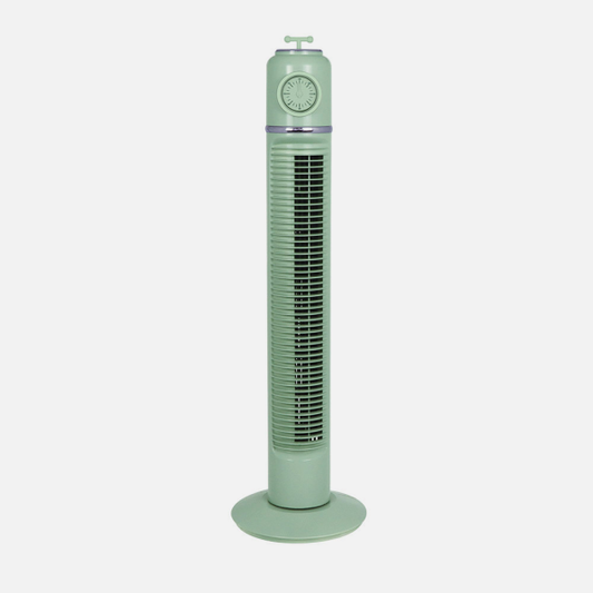 Ventilador torre Huracán verde de Abrila, modelo 240771006 con 45W de potencia, función rotatoria, temporizador y diseño compacto para uso doméstico e interior, ideal para refrescar espacios con aire fresco y eficiente.