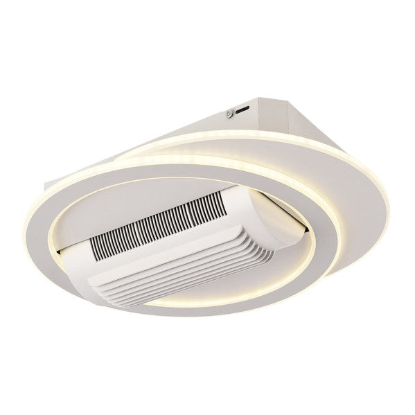 Ventilador de techo LED Camaleón 59W en blanco de Abrila (modelo 241291001) con motor DC eficiente, luz LED integrada regulable, mando a distancia y función bidireccional para ventilación en verano e invierno, ideal para interior doméstico.