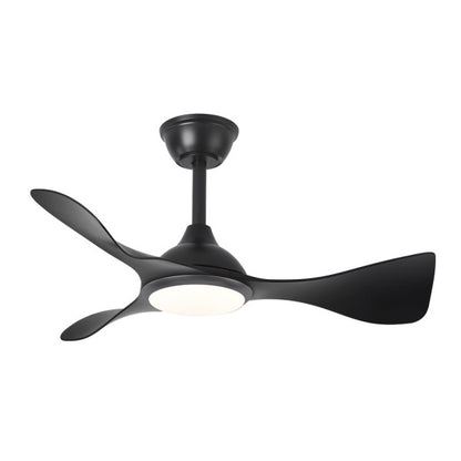 Ventilador de techo DC Caiman negro de 36W por Abrila (modelo 241691309) con 6 velocidades, motor DC eficiente para ahorro de energía, luz LED integrada regulable, control remoto incluido, temporizador y diseño ideal para interiores domésticos.