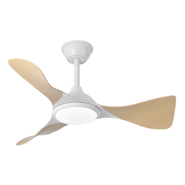 Blanco ceiling fan with integrated LED light, CAIMAN model by Abrila, 36W DC motor for energy savings, remote control, hay wood finish, ideal for home interiors, product code 241691368