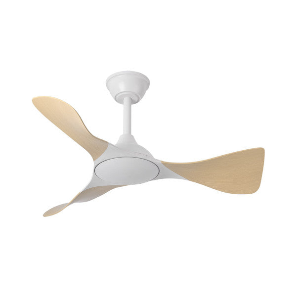 Ventilador de techo DC Caiman 36W en blanco y haya de Abrila, con luz LED integrada, motor eficiente para ahorro energético, mando a distancia y diseño para interior doméstico, modelo 241691368