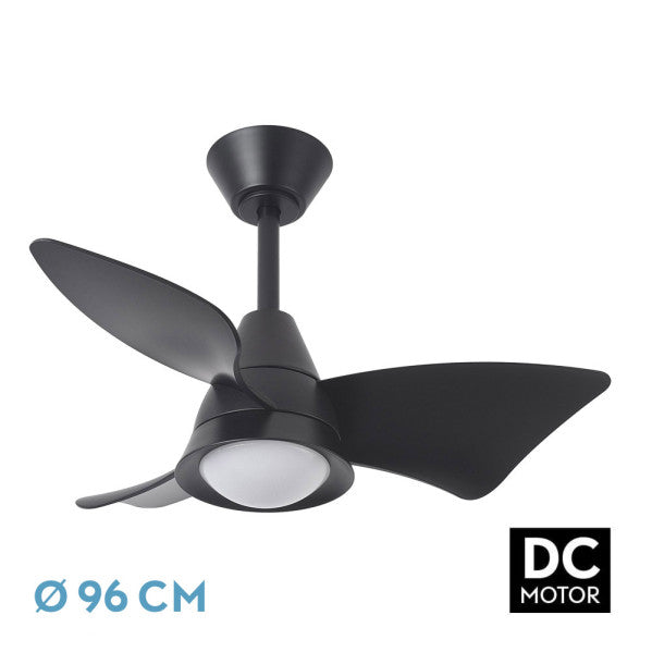 Ventilador de techo DC Jaguar negro de 30W modelo Abrila 241791309 con motor eficiente, luz LED integrada, velocidad regulable y temporizador, ideal para interiores domésticos.
