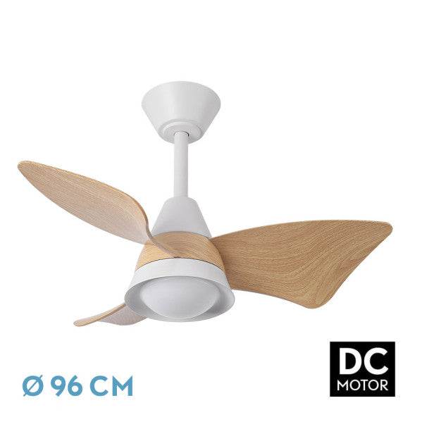 Ventilador de techo DC Jaguar en blanco y haya de Abrila, modelo 241791368 con 30W de potencia, motor DC eficiente para ahorro de energía, 6 velocidades ajustables, luz LED regulable y diseño interior doméstico ideal para habitaciones.