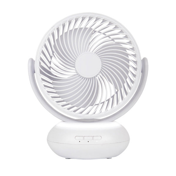 Ventilador inalámbrico Bengali blanco de Abrila, modelo 5W recargable por USB con luz LED, diseño sobremesa para uso doméstico e interior, ideal para refrescante brisa fresca en casa.