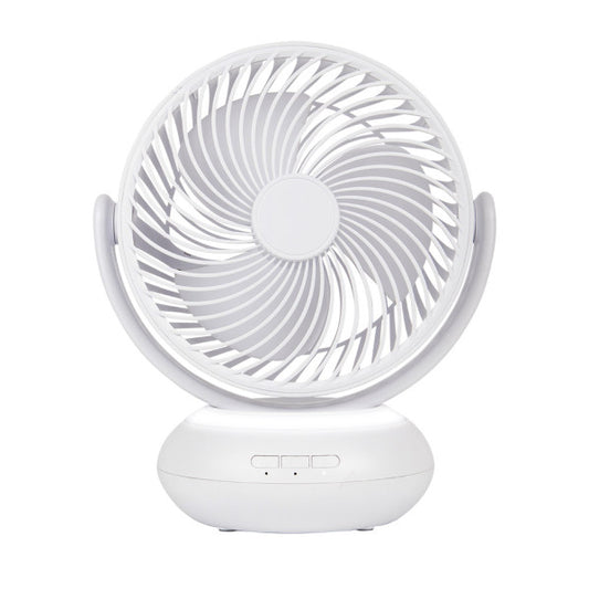 Ventilador inalámbrico Bengali blanco de Abrila, modelo 5W recargable por USB con luz LED, diseño sobremesa para uso doméstico e interior, ideal para refrescante brisa fresca en casa.