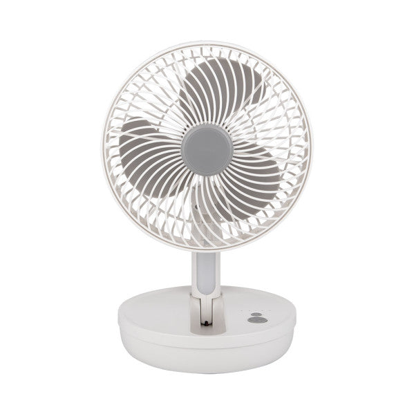 Ventilador inalámbrico sobremesa Pacheco de Abrila en blanco y gris, modelo 242071015 con 5W de potencia, diseño plegable portátil y recargable por USB, ideal para uso doméstico interior con luz LED integrada, fabricado en ABS policarbonato duradero.