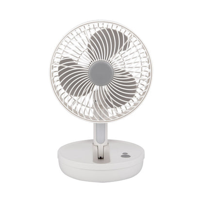 Ventilador inalámbrico sobremesa Pacheco de Abrila en blanco y gris, modelo 242071015 con 5W de potencia, diseño plegable portátil y recargable por USB, ideal para uso doméstico interior con luz LED integrada, fabricado en ABS policarbonato duradero.