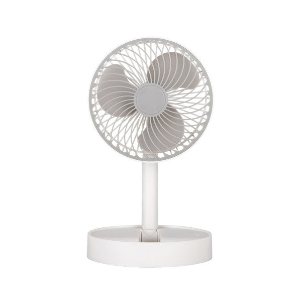 Ventilador portátil Jerico blanco y gris de Abrila, modelo 242171028 con 5W de potencia, motor DC inalámbrico y recargable, ideal para uso doméstico en interiores.