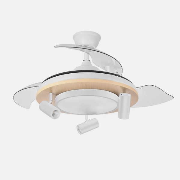 Ventilador de techo Gladiator negro y madera de Abrila modelo 242591368 con aspas retráctiles, motor DC eficiente, LED integrado, control por app, temporizador y diseño ideal para interior doméstico.