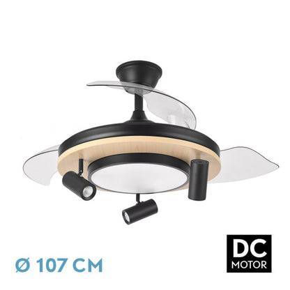 Ventilador de techo Gladiator negro con detalles en madera, aspas retráctiles, iluminación LED integrada y motor DC para ventilación inteligente en interiores domésticos, modelo Abrila AI2 242591388