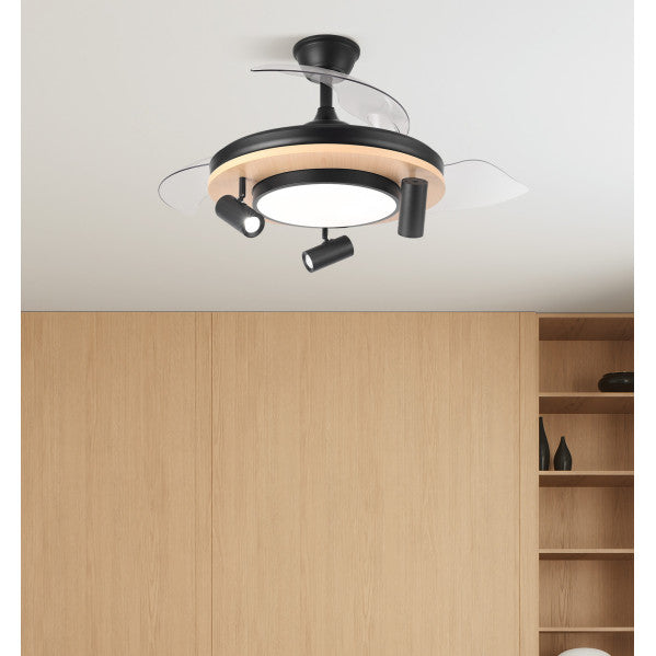 Ventilador de techo LED Gladiator en negro y madera con aspas retráctiles, modelo Abrila 242591388, iluminación LED integrada, motor DC eficiente para ventilación inteligente en interiores domésticos.