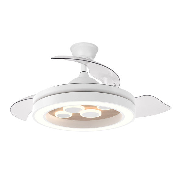 Ventilador de techo Cupido 55W en blanco y haya con aspas retráctiles, motor DC eficiente, LED integrado y control por app y remoto, modelo Abrila para interiores domésticos en verano e invierno.