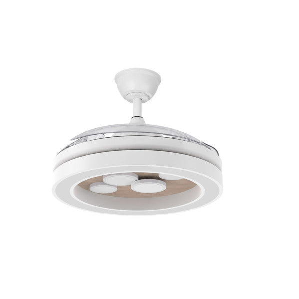 Ventilador de techo Cupido 55W en blanco y haya de Abrila, modelo 242691368 con aspas retráctiles, motor DC eficiente, LED integrado, control remoto y app AI2 para uso doméstico interior en verano e invierno.