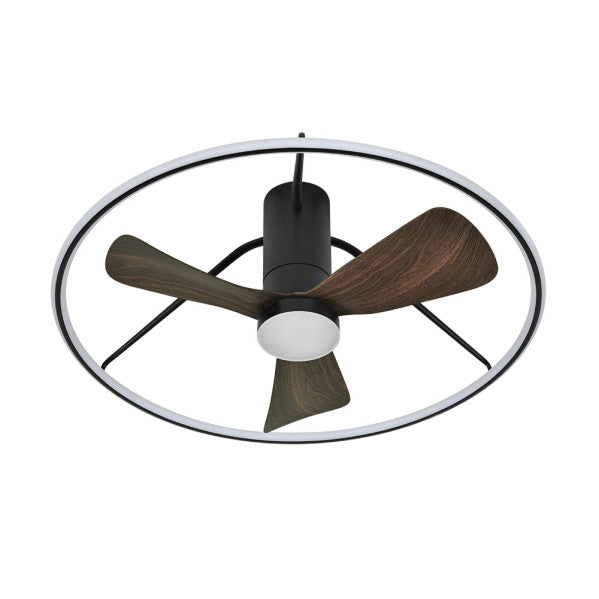 Ventilador de techo LED Oporto 56W en acabado negro y marrón, modelo Abrila con motor DC eficiente, control por app y remoto, luces LED integradas para interiores domésticos, referencia 243691388.