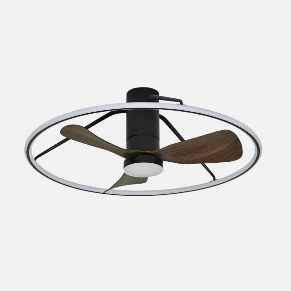 Ventilador de techo LED Oporto 56W en acabado negro y marrón, modelo Abrila con motor DC eficiente, luz LED integrada, control por app y remoto, ideal para interiores domésticos, referencia 243691388