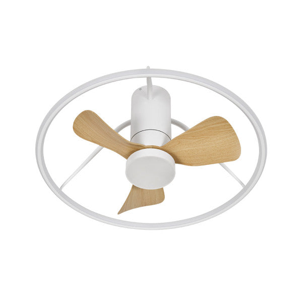 Ventilador de techo DC Oporto en blanco y haya de Abrila, modelo 243699068 con motor DC eficiente para ahorro de energía, LED integrado, control por app y función verano-invierno para interiores.