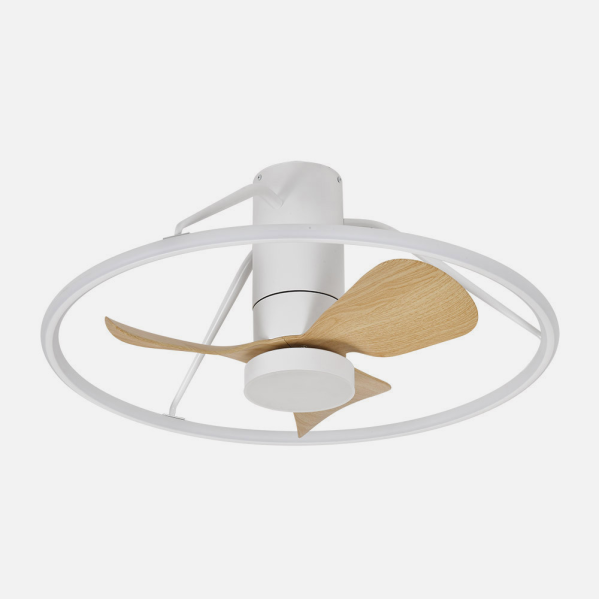 Ventilador de techo DC Oporto en blanco y haya de Abrila, modelo 243699068 con motor eficiente para ahorro de energía, control por app, LED integrado y función verano-invierno para interiores.