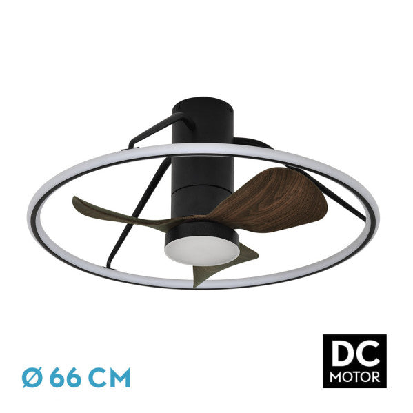 Ventilador de techo LED Oporto 46W en negro y marrón con motor DC eficiente, 6 velocidades, control por app AI2 y luz LED integrada para interiores domésticos - modelo Abrila 243699088