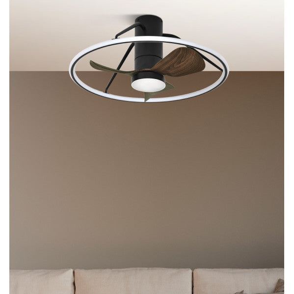 Ventilador de techo LED Oporto 46W en acabado negro y marrón con motor DC eficiente, 6 velocidades ajustables, control por app AI2 y luz LED integrada para interiores domésticos - modelo Abrila 243699088